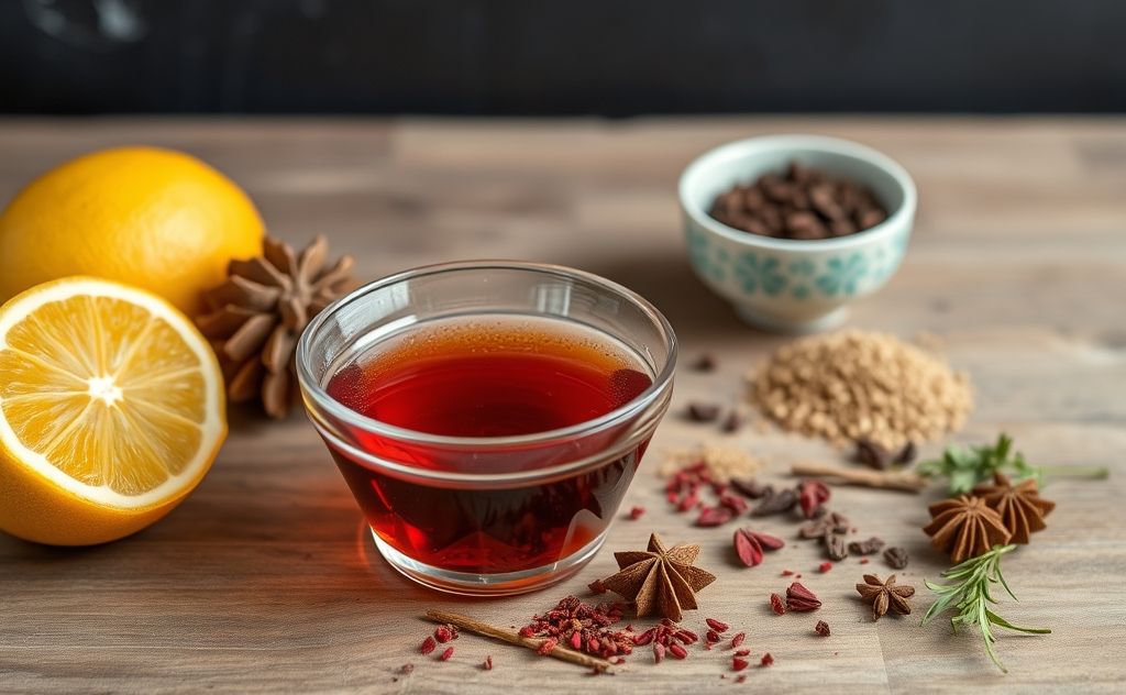 Sumac tea preparation with vibrant herbs and spices