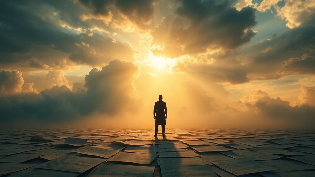 Sunlight piercing a swirling, stormy sky, illuminating a path of fractured contract papers. A lone figure, bathed in golden light, faces forward, shadowed by lingering retrograde clouds. Mystic, ethereal, 4k, cinematic.