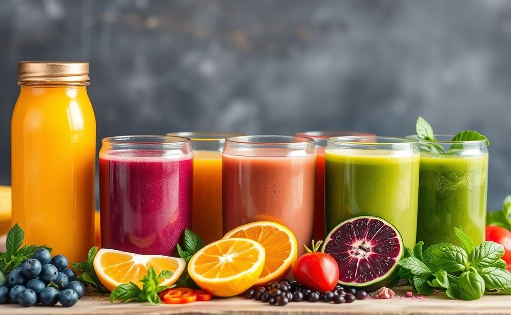 Superfoods in vibrant juice blends for health