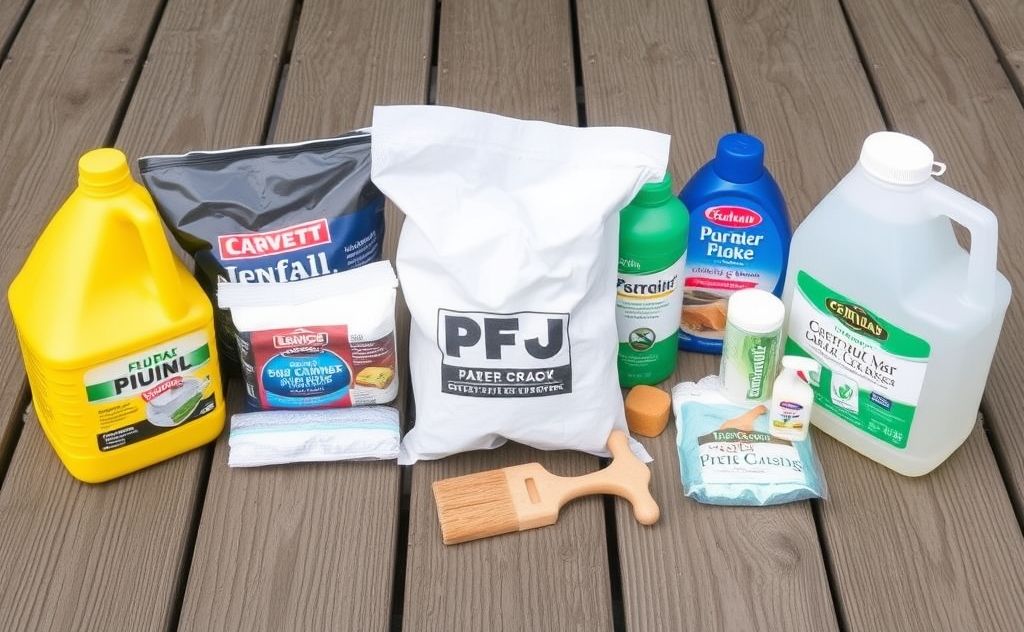 Supplies for removing mold from wooden deck boards arranged neatly.