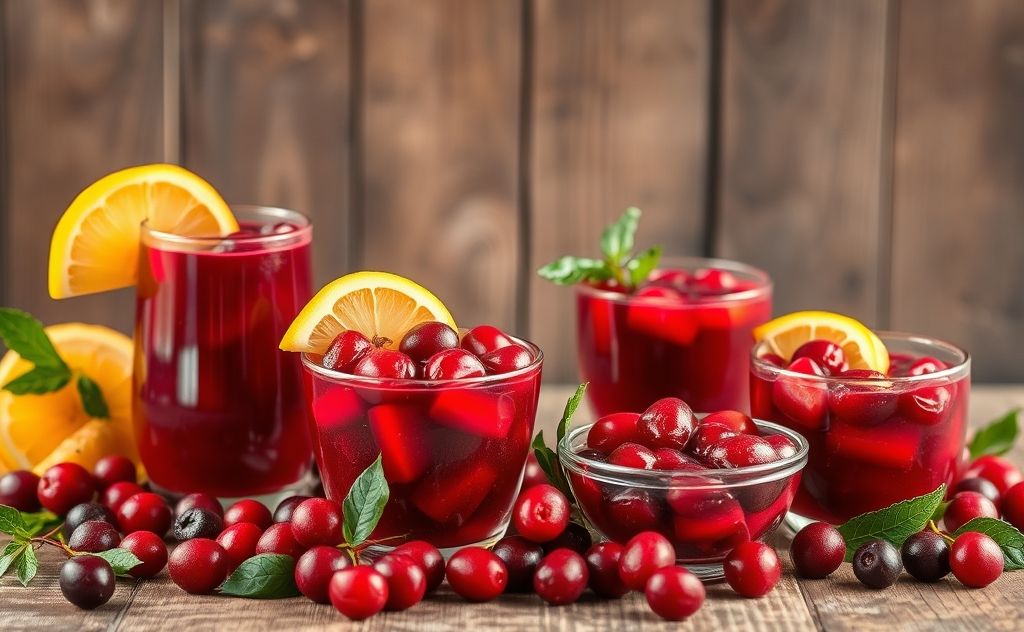 Sweet cranberry dishes with juice and fruit