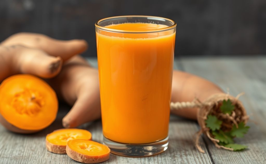Sweet potato juice in a vibrant glass with roots