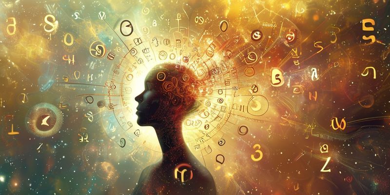 Bir insan figürünün etrafında dönen çeşitli sayıların sembolik bir temsili, numerolojik anlamları çağrıştırıyor