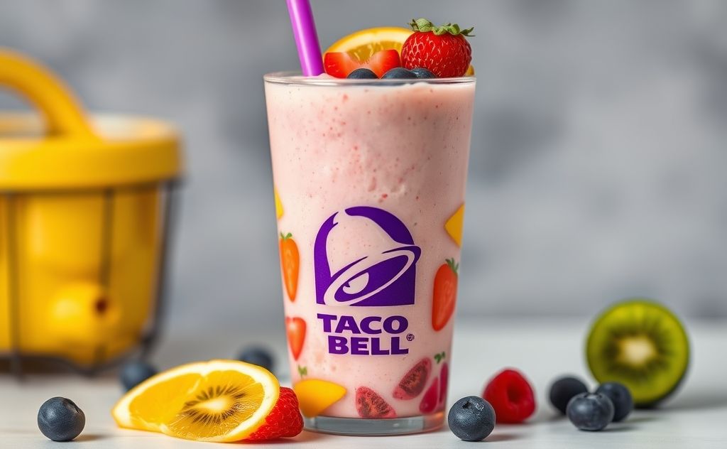 Taco Bell smoothie in a colorful cup with fruit