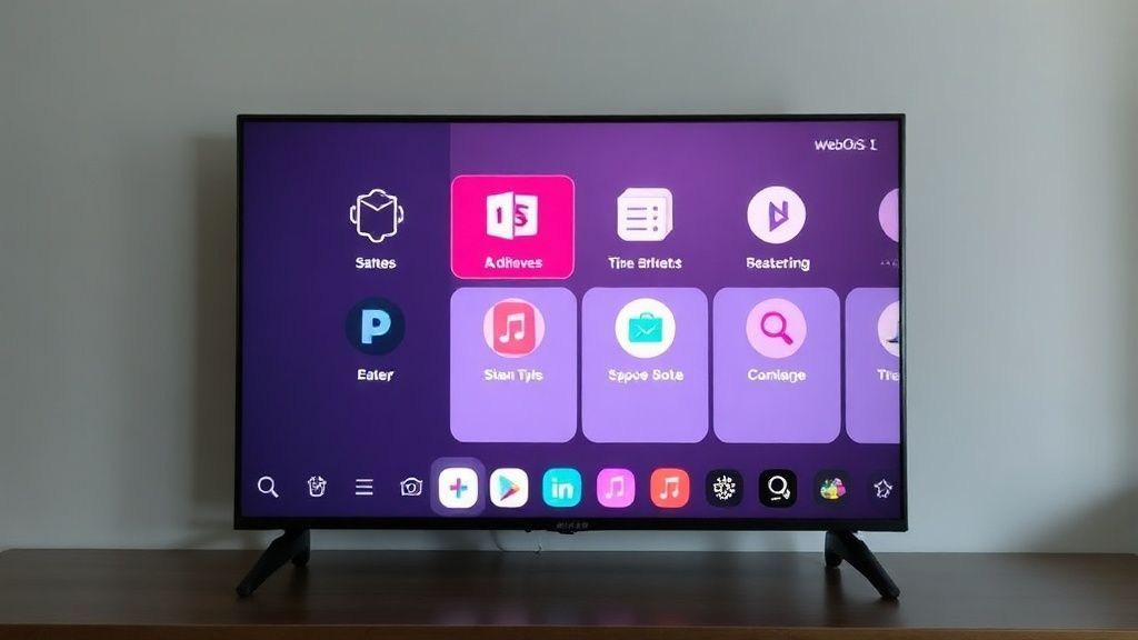 Tampilan layar TV LG yang bersih, menampilkan antarmuka menu utama (webOS atau serupa) dengan ikon-ikon aplikasi dan opsi pengaturan yang jelas.