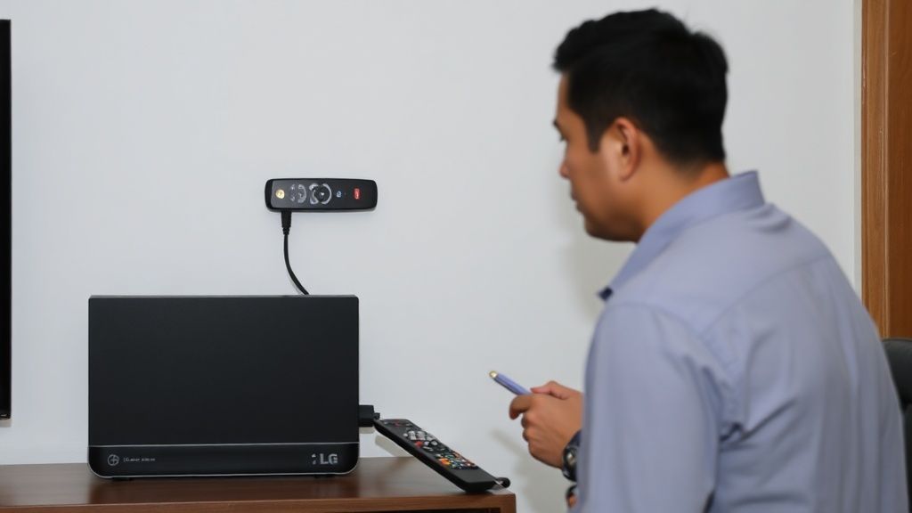 Tangan seseorang sedang menyambungkan kabel HDMI atau RCA dari sebuah Set-Top Box (STB) berwarna hitam ke port input di bagian belakang TV LG. Ada remote control STB di dekatnya.