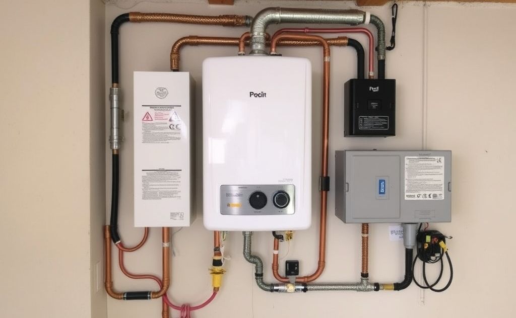 Tankless gas water heater setup with electrical components and wiring.