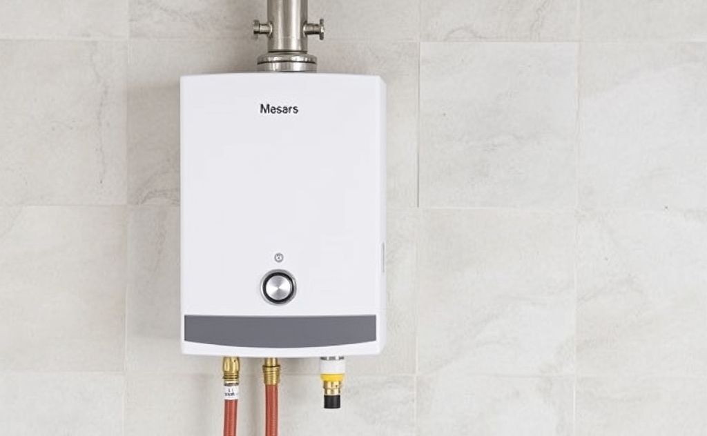 Tankless gas water heater with GFCI protection, no text.
