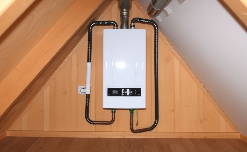 Tankless water heater installation in an attic