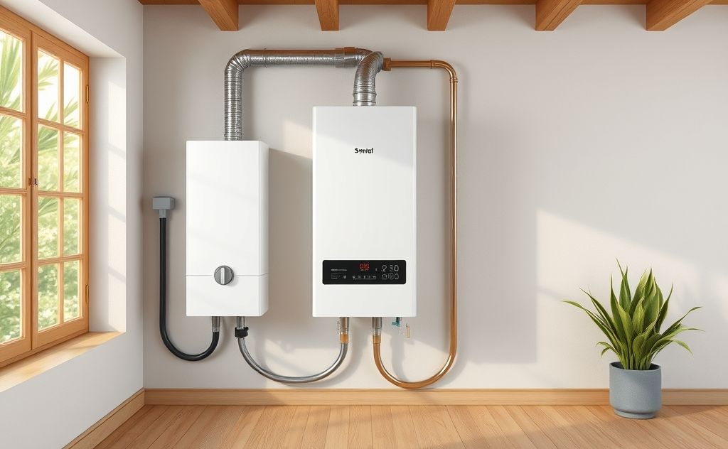 Tankless water heater installation indoors concept
