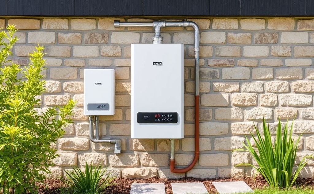 Tankless water heater installation outdoors concept