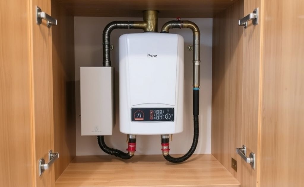 Tankless water heater installed in a cabinet space