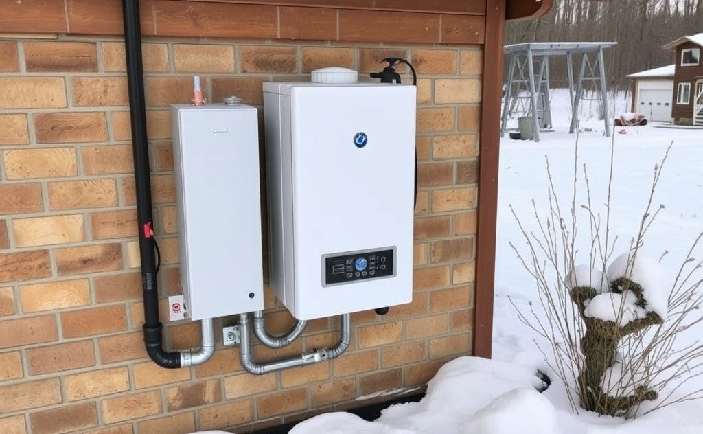 Tankless water heater installed outdoors in winter