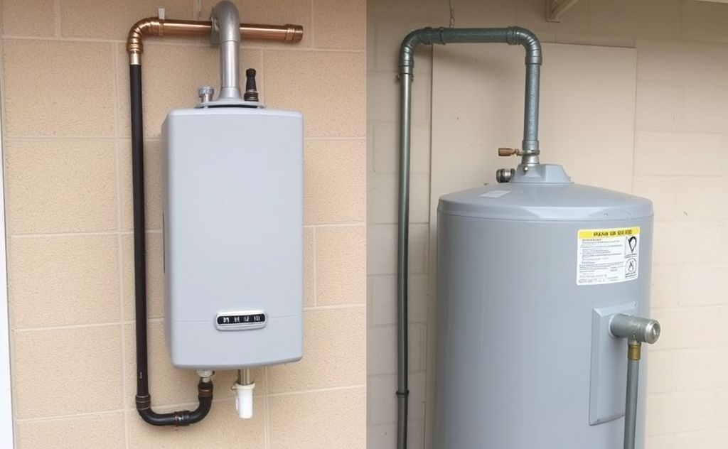 Tankless water heater next to a 50-gallon tank