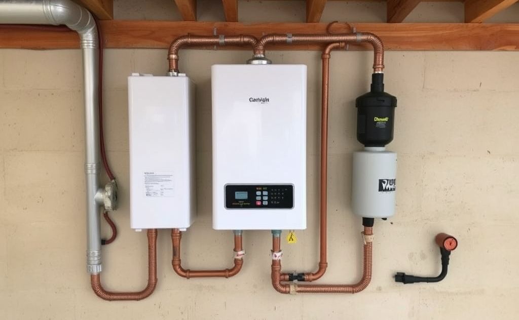 Tankless water heater with recirculation pump setup