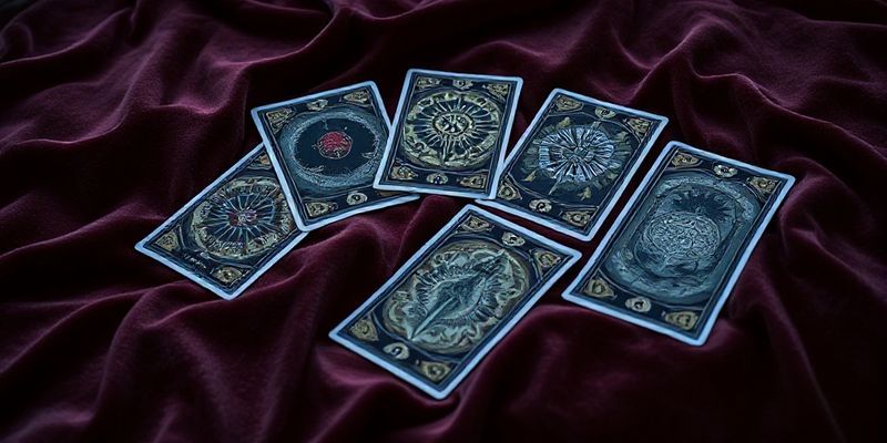 Velvet bir kumaş üzerinde yayılmış, mistik semboller ve yumuşak ışıklandırma ile Tarot kartları