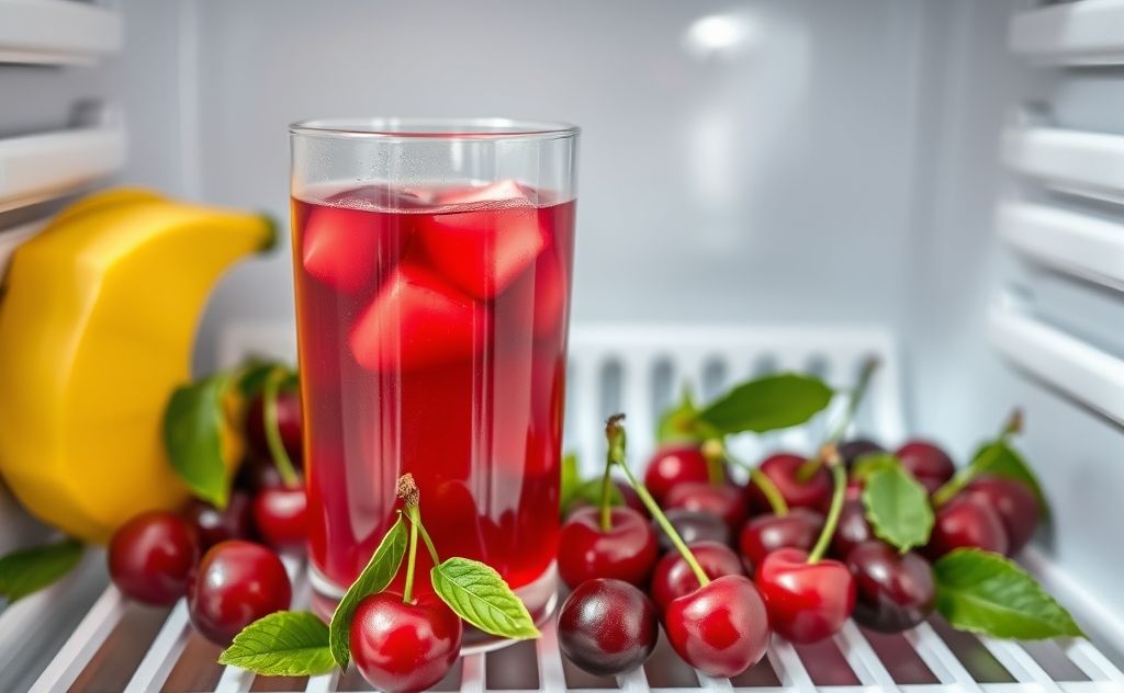 Tart cherry juice in a fridge setting with freshness