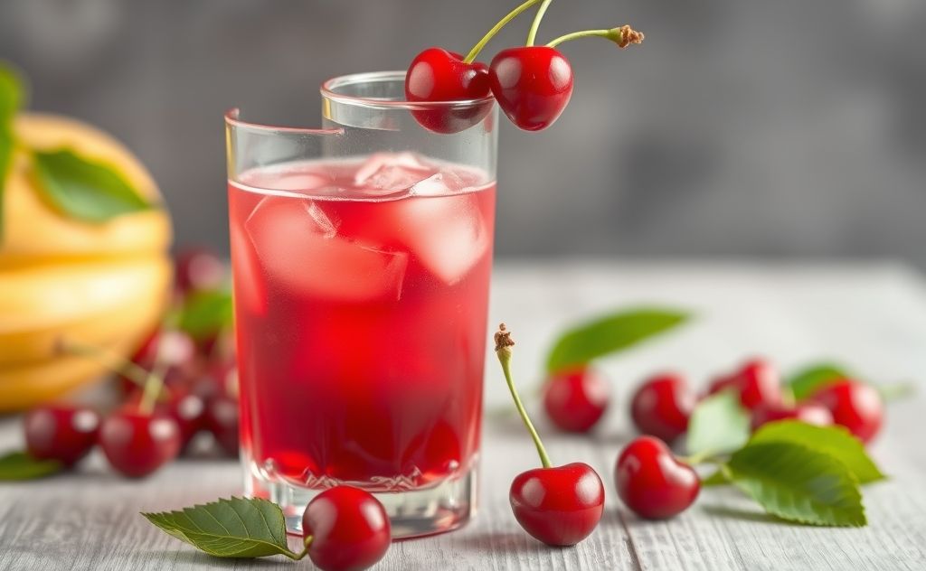 Tart cherry juice in a glass with a fresh cherry