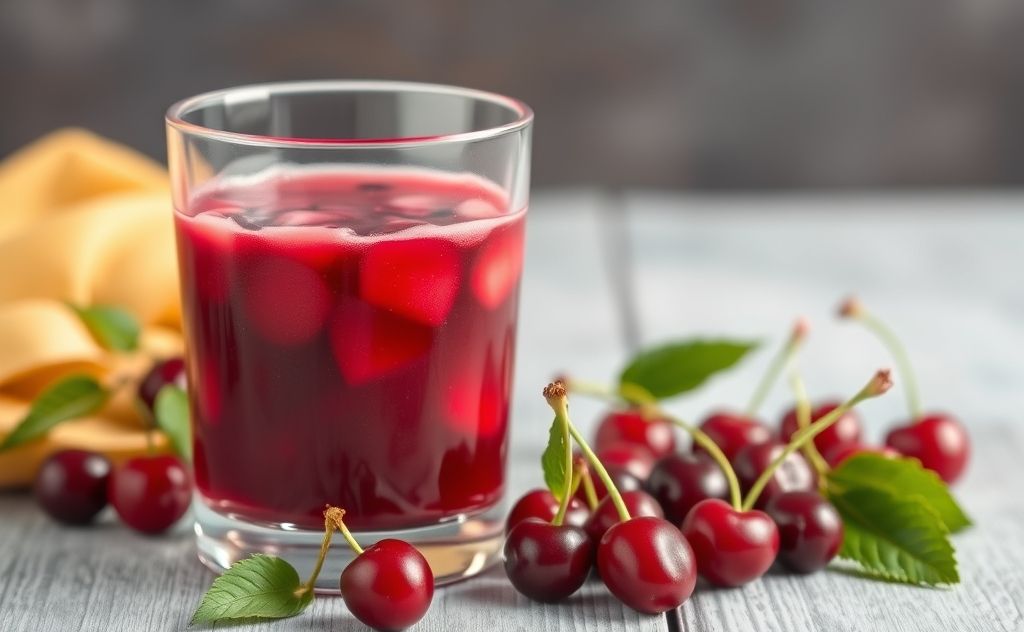 Tart cherry juice in a glass with cherries nearby