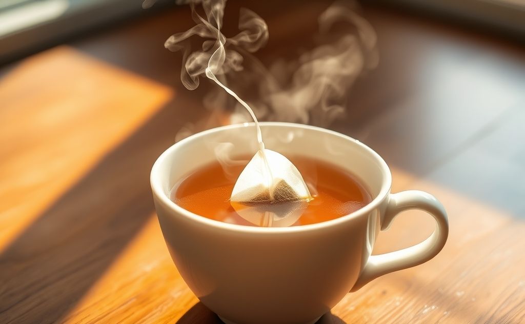 Tea bag floating in a cup of steaming water