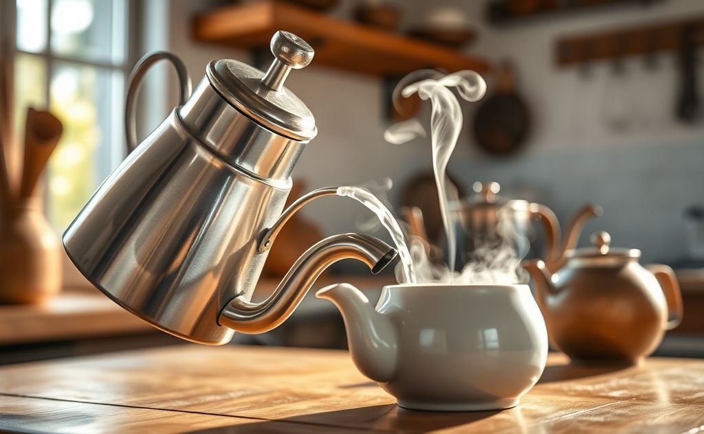 Tea brewing with kettle and steaming hot water