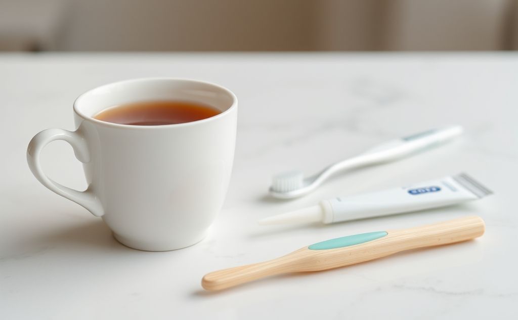 Tea cup beside toothbrush and toothpaste on a table