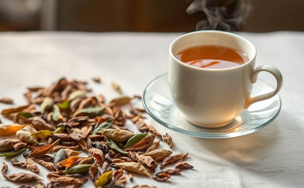 Tea leaves and a steaming cup of tea on a table