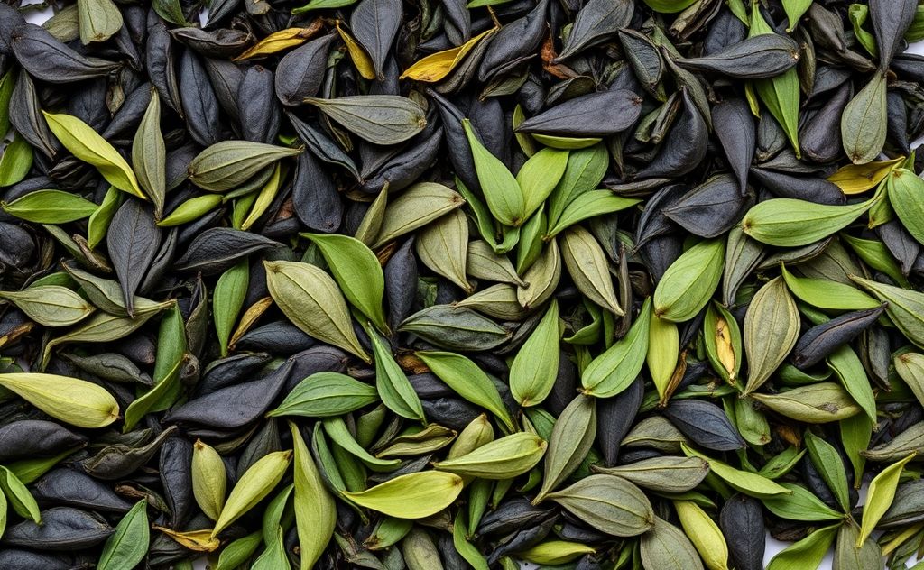 Tea leaves of black, green, and oolong types.