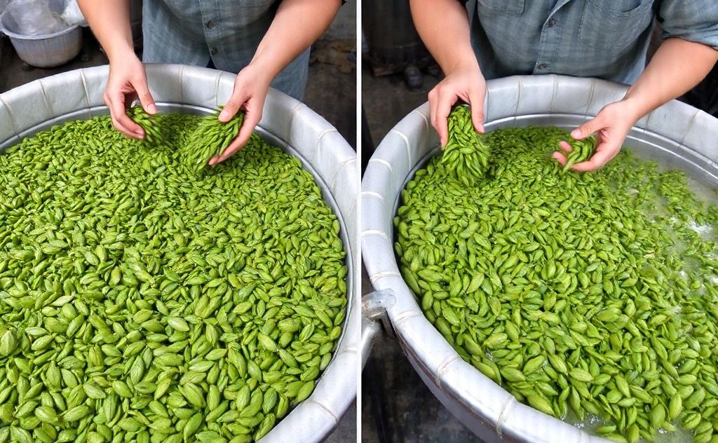 Tea leaves undergo cleaning before processing steps.