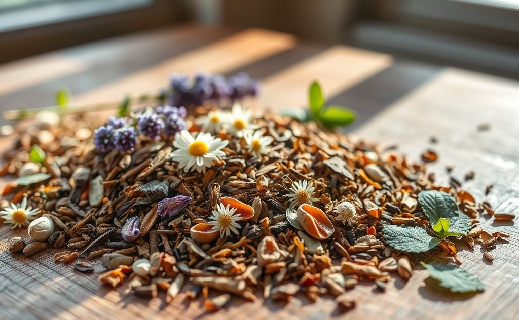 Tea leaves with soothing herbs for muscle relief