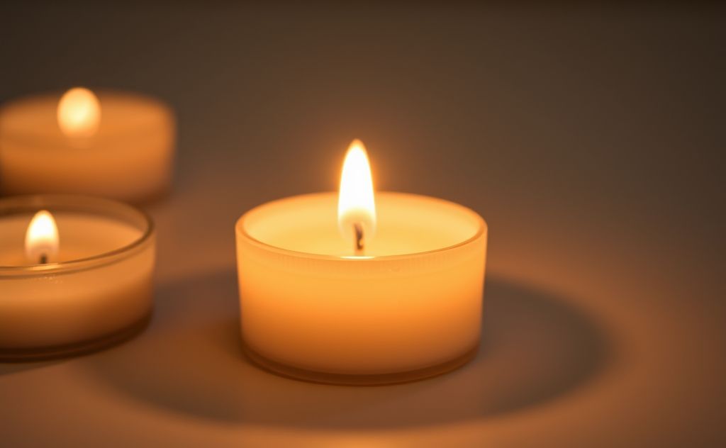 Tea light candle emitting warm, soft glow.