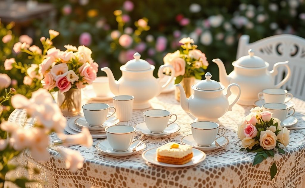 Tea party setup with teapots and cups for guests