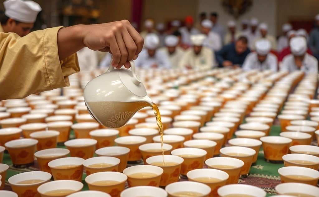 Tea pouring into cups for a large gathering