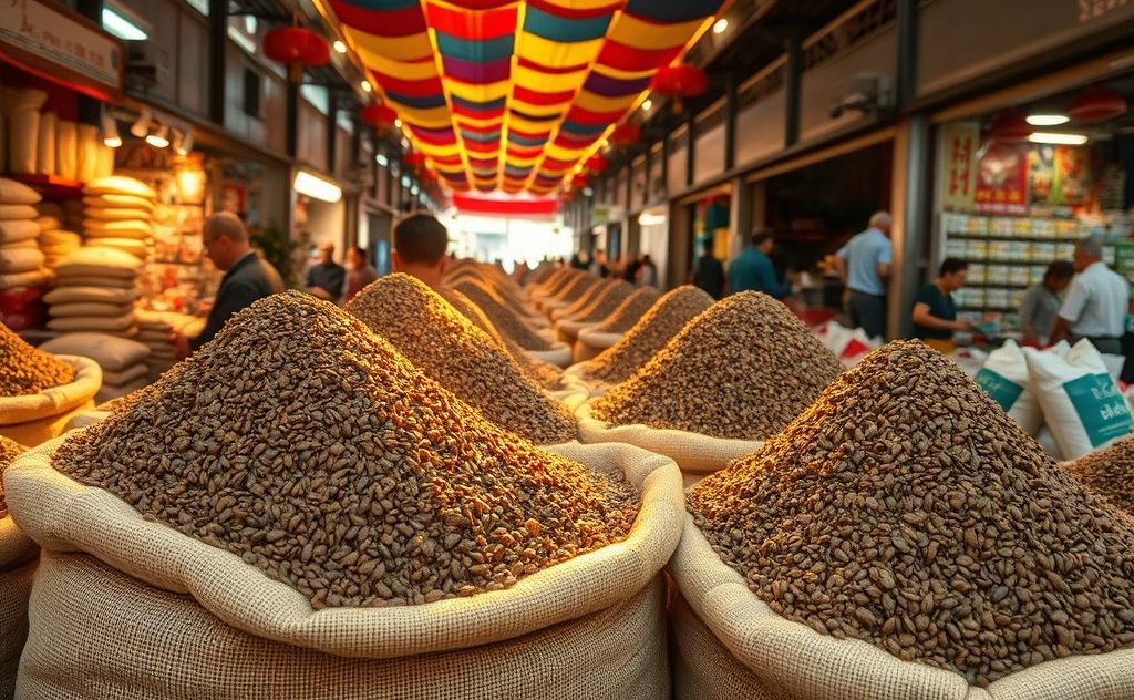 Tea seed meal in a market setting with bags