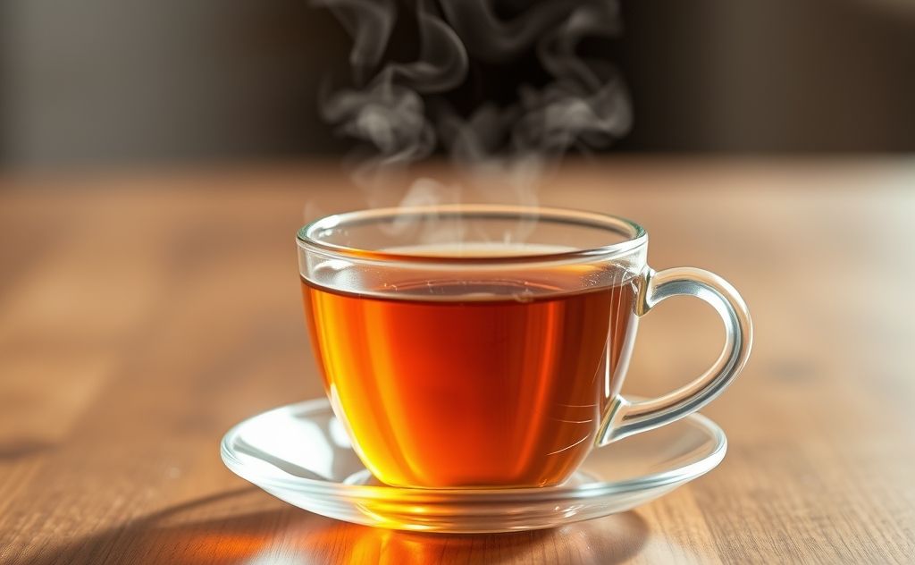 Tea served in a clear glass cup with steam rising.