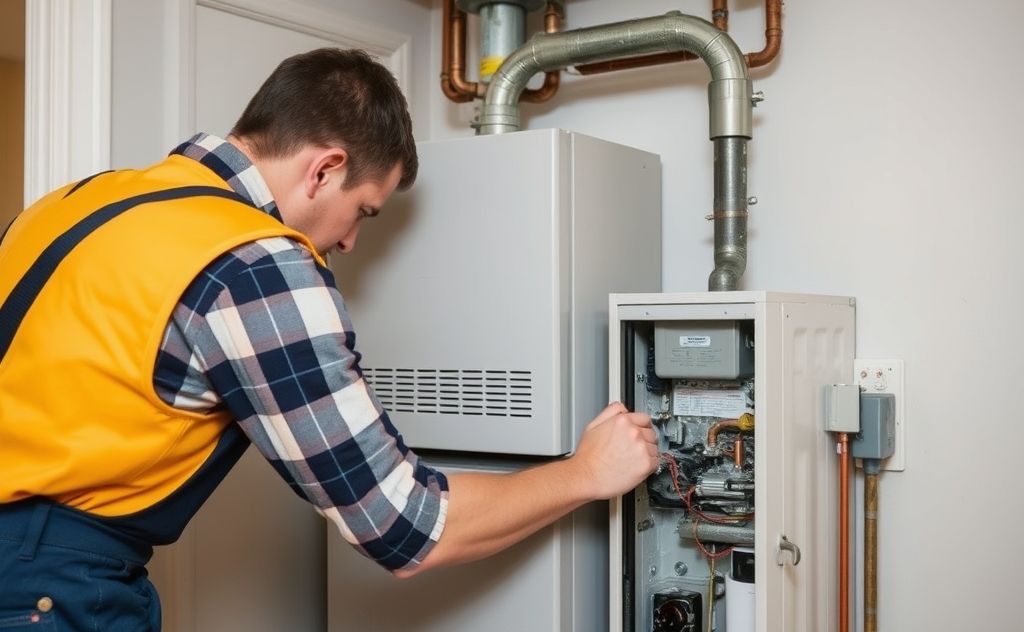 Technician repairing a gas heater at home.
