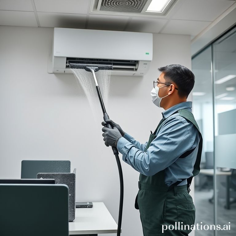 Teknisi sedang membersihkan AC cassette kantor dengan alat steam