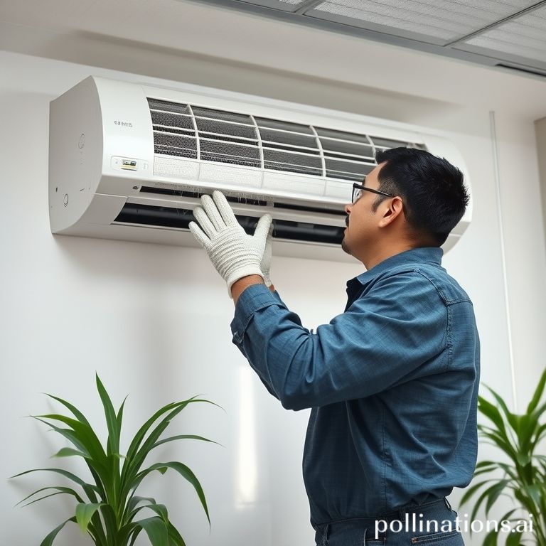 Teknisi mencuci evaporator AC split di ruang kantor