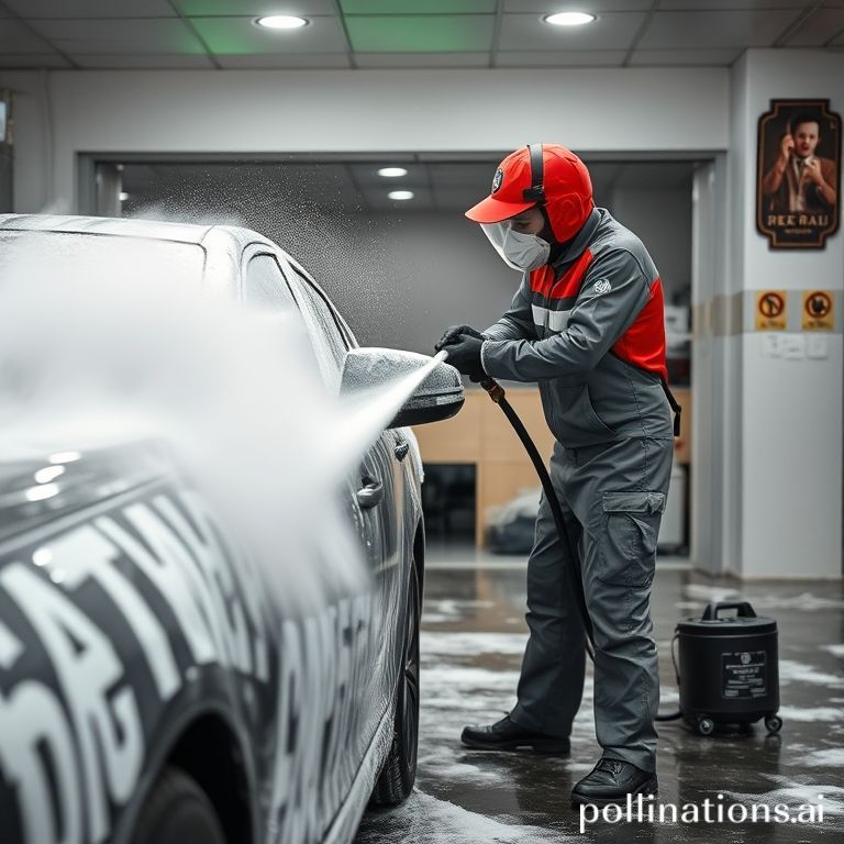 Teknisi mencuci mobil di rumah pelanggan dengan alat steam dan foam