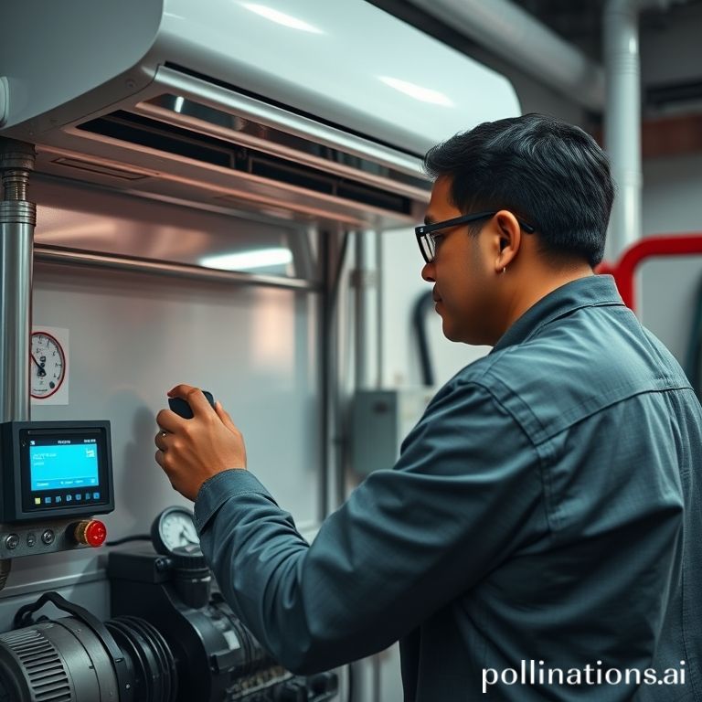 Teknisi mengecek tekanan freon dengan manifold gauge