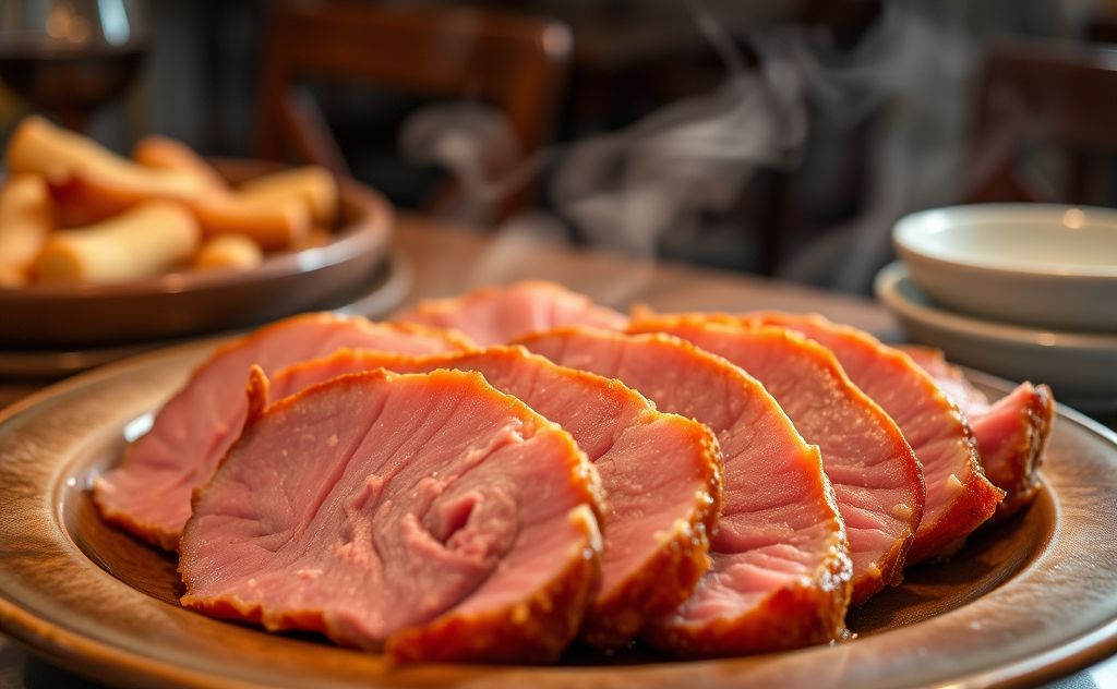 Tender slices of corned beef on a warm plate with steam rising.
