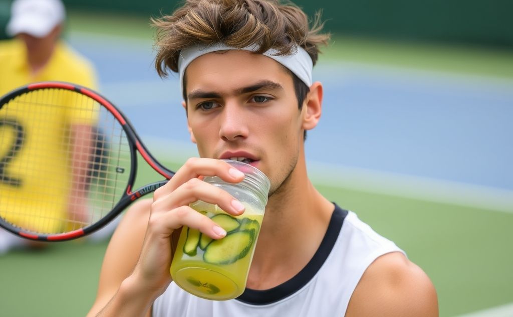 Tennis player enjoying pickle juice for hydration