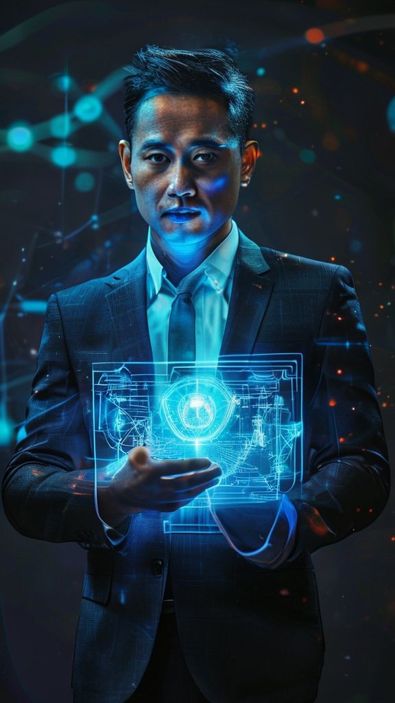 ภาพนักธุรกิจไทยถือพิมพ์เขียว AI ส่องสว่าง