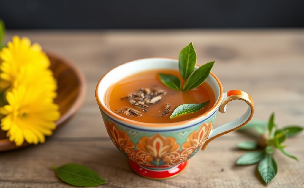 Thai tea served in a vibrant cup with herbs