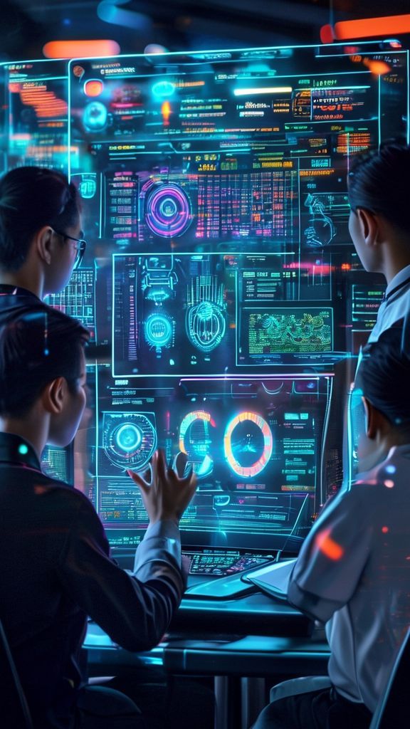 ภาพทีมงานไทยทำงานร่วมกับแดชบอร์ด AI โฮโลแกรม