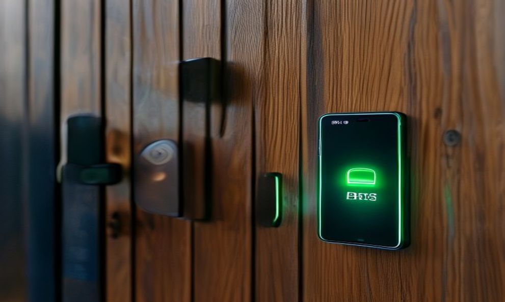 A close-up shot of a modern, sleek smart lock on a wooden door, showing a smartphone glowing nearby in someone's pocket as the lock's LED indicator turns green to show a hands-free UWB unlock.