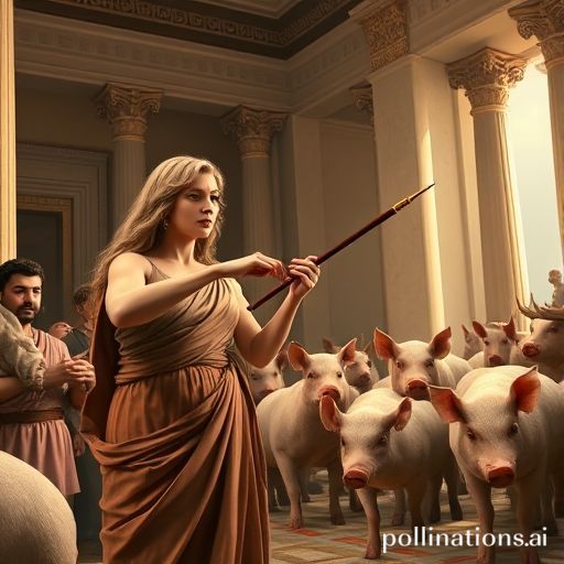 The Greek sorceress Circe in her grand hall, pointing a wand at a group of men who are transforming into pigs, with a look of immense power, classical art style.