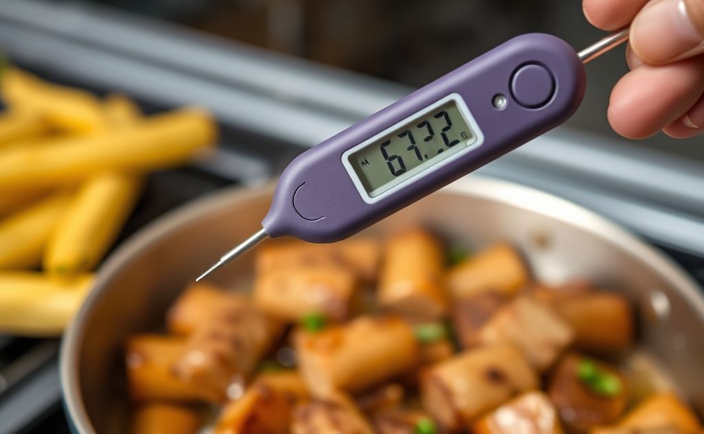 Thermocouple thermometer in use with food cooking