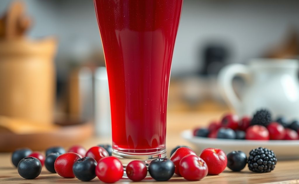 Thick cranberry juice in a glass with fresh berries.