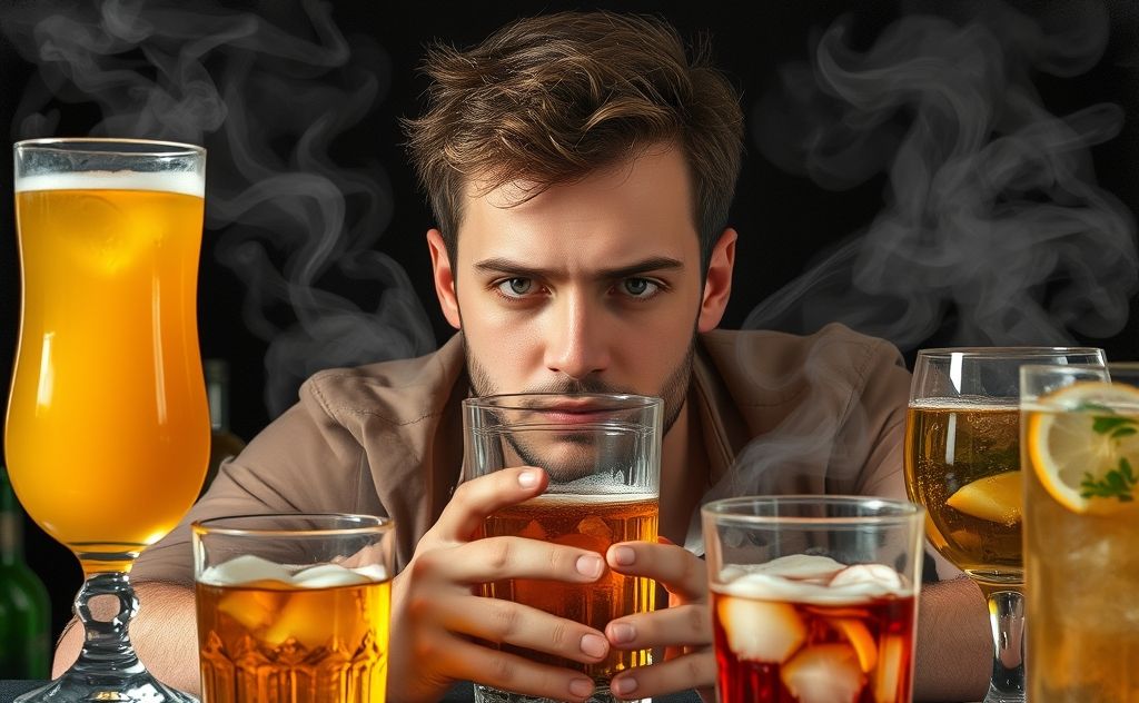 Thirsty person surrounded by drinks and thoughts